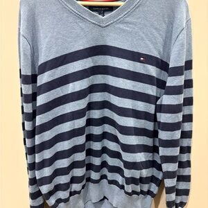 Tommy Hilfiger V-Neck Striped Sweater in Light Blue and Navy